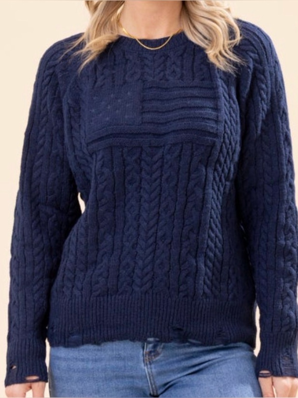 Navy Solid Cable Knit Sweater. Destroyed Trim. Small